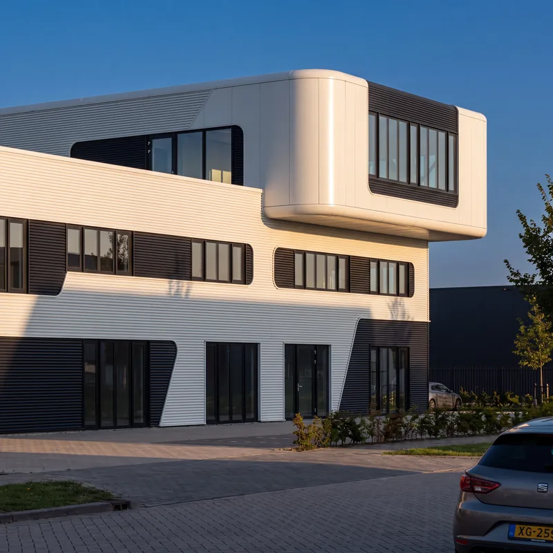 De ronde hoek van het pand met uitkragend volume in avondzon