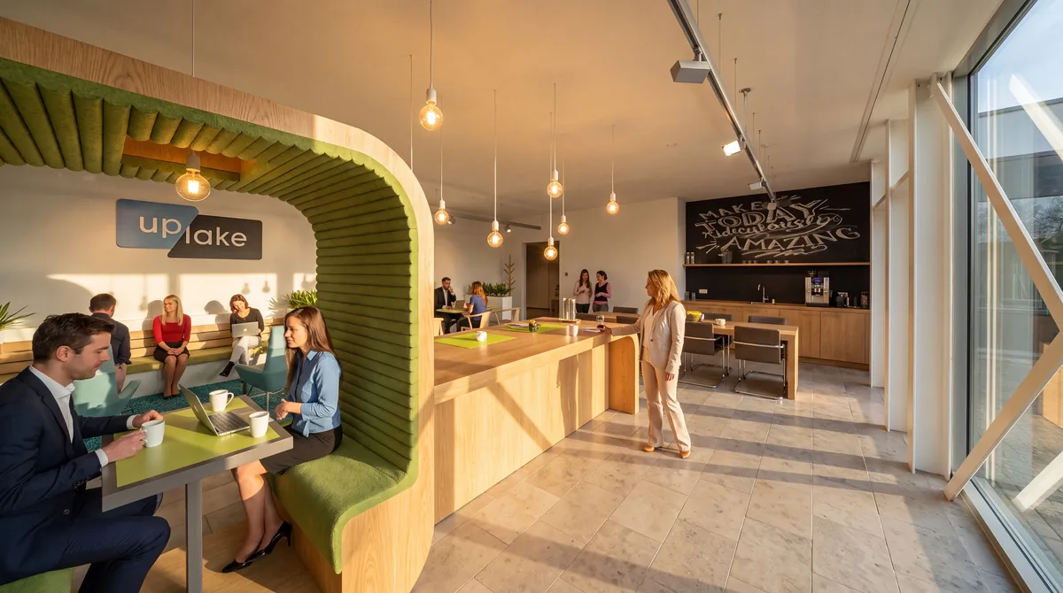 Het ZZP-café van Uplake met koffiebar, zitjes en het uplake bordje aan de wand